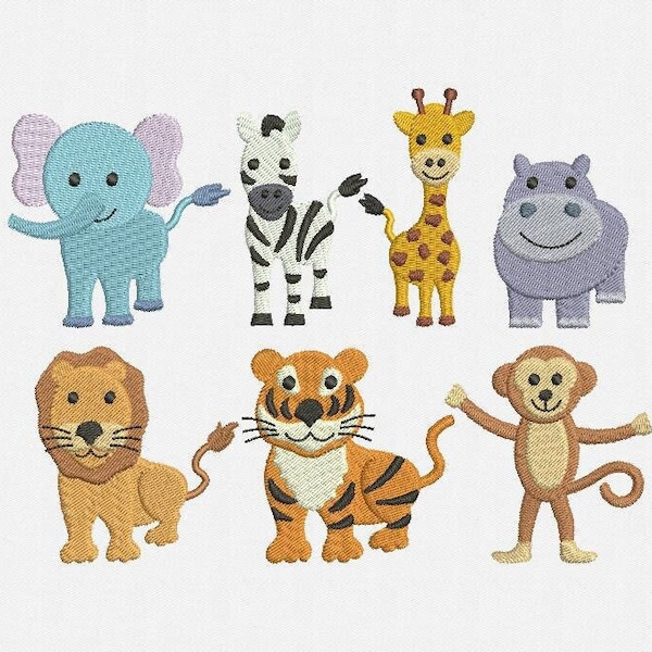 Mini Animals Machine Embroidery Designs Pack - 7 Designs: Elephant, Giraffe, Hippo, Lion, Monkey, Tiger, Zebra