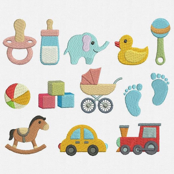 Mini Baby Shower Machine Embroidery Design - 12 Designs by 3 Sizes - Baby Carriage, Elephant, Baby Footprints, Car, Duck, Train, Ball