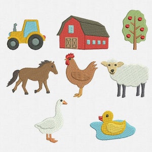 Mini Farm Machine Embroidery Design - 8 Designs by 2 Sizes: Barn, Chicken, Duckling, Goose, Horse, Sheep, Tractor, Tree