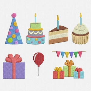 Mini Birthday Maschinenstickmotive Pack - 8 Designs: Luftballons, Cupcake, Flaggen, Geschenkbox, Partyhut, Geburtstagskuchen, Geschenke