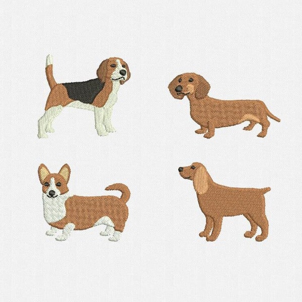 Mini Dogs Machine Embroidery Designs Pack - 4 Designs by 5 Sizes: Beagle, Cocker Spaniel, Dachshund, Welsh Corgi