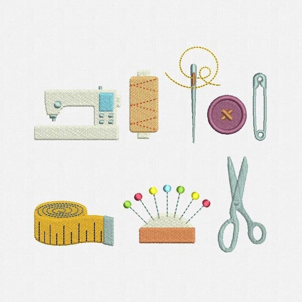 Mini Seamstress Machine Embroidery Designs Pack- 8 Designs by 3 sizes Button Dressmaking Tape Measure Needle Scissors Sewing Pin Cushion