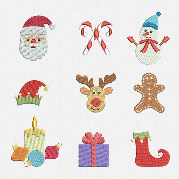 Mini Christmas Machine Embroidery Designs Pack - 9 Designs - Santa, Christmas Deer, Christmas Candy, Elf Hat, Elf Stocking, Snowman,