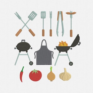 BBQ  Machine Embroidery Designs Pack - 12 Designs by 3 Sizes: Apron, BBQ, BBQ With Fire, Fork and Spatula, Fork with sausage, Tongs
