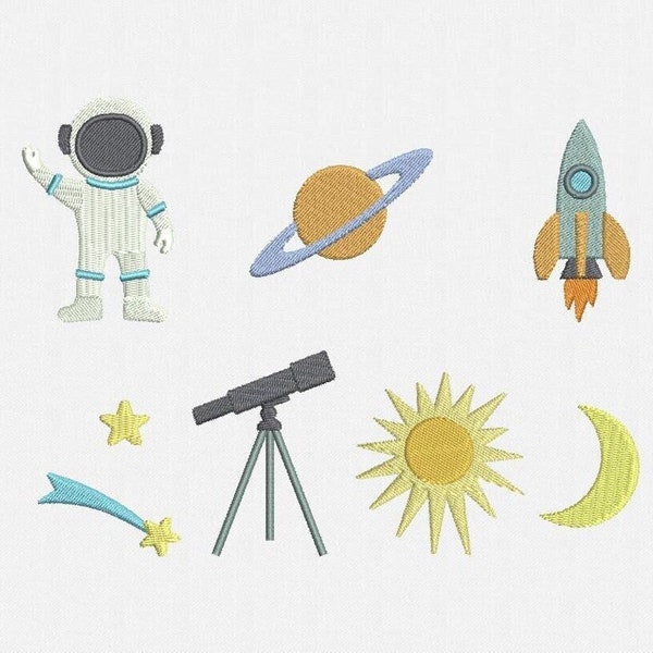 Mini Universe Machine Embroidery Designs Pack - 8 Designs by 4 Sizes - Astronaut, Rocket, Planet Saturn, Shooting Star, Sun, Telescope, Star