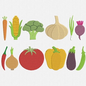 Mini verdure da ricamare a macchina - 12 disegni in 3 dimensioni - Carota, Mais, Aglio, Piselli, Peperone, Cipolla, Pomodoro, Broccoli, Barbabietola