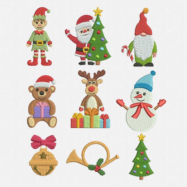 Mini Christmas Machine Embroidery Designs - 9 Designs by 3 Sizes: Christmas Bell, Christmas Deer, Christmas Gnome, Christmas Tree, Snowman..