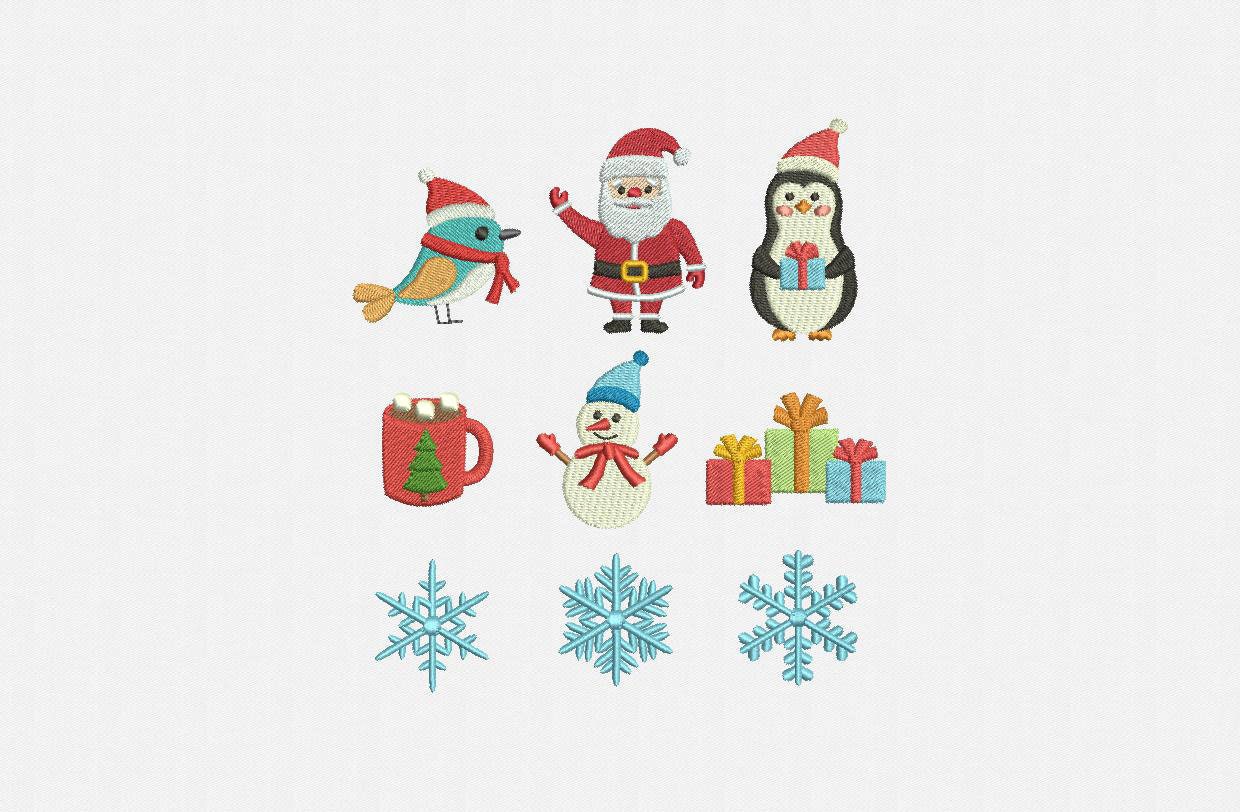 Mini Christmas Machine Embroidery Designs Pack -  7 Designs: Santa, Snowflakes, Christmas Mug, Snowman, Christmas Penguin, Christmas Bird