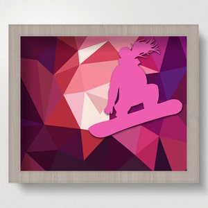 Snowboarder Girl, Tween Room Decor, Snowboard, Girl, Snowboard Art, Girls Room Decor, Winter Decor, Teen Art Decor, Pink, Geometric image 1