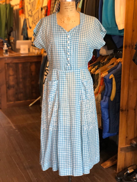 1940s Vintage Blue Gingham Picnic Dress Size Small
