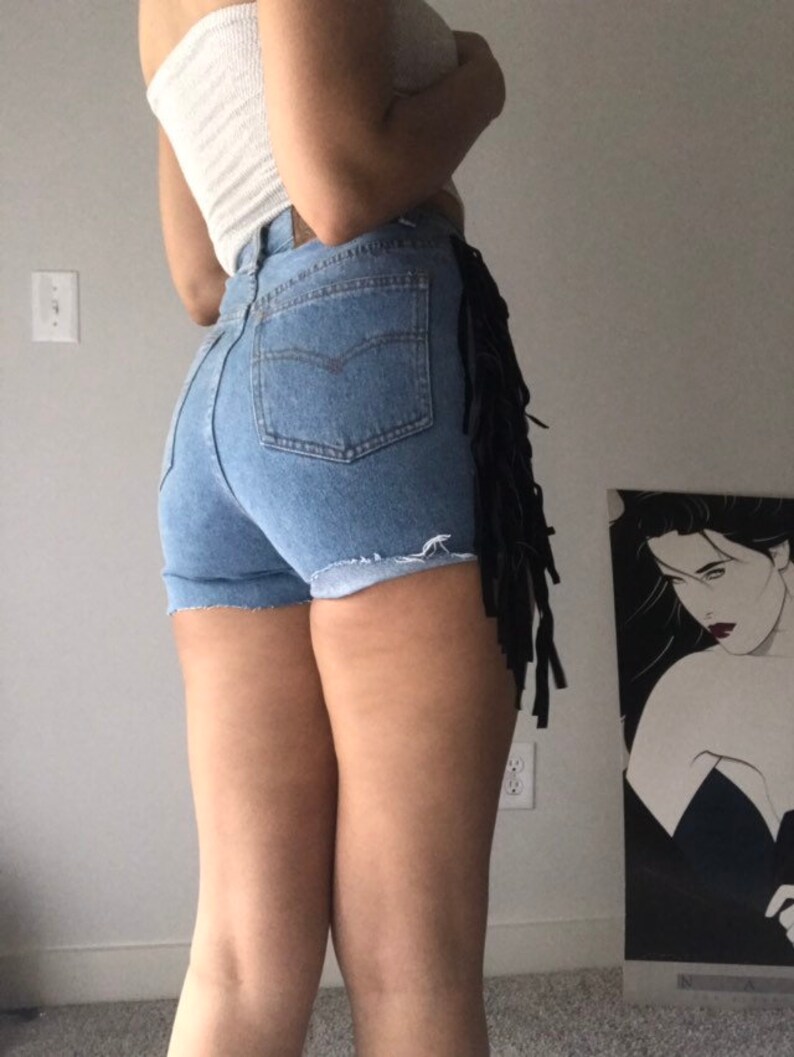 Vintage Cut Off Suede Fringe Jean Shorts Denim Pockets 80s 90s | Etsy