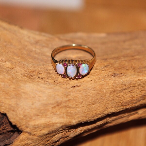 A Neat And Styish 9ct Gold Victorian Style Three Stone Opal Ring    SKU130 Reserved