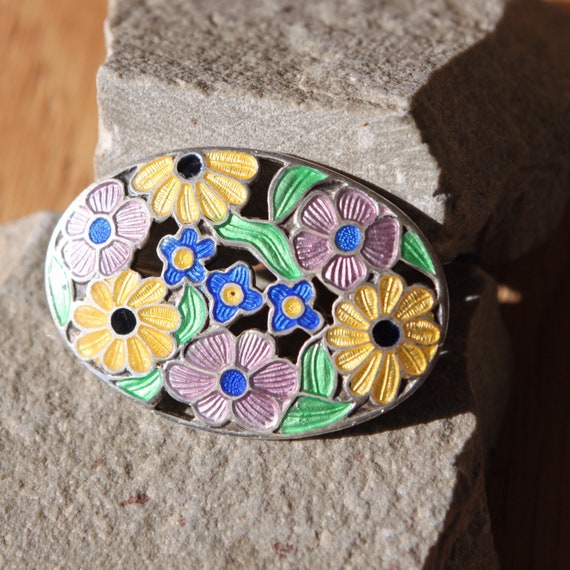 A Beautiful Vintage Silver Enamel Floral Brooch F… - image 1