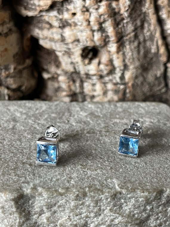 Classic Rectangular Blue Topaz Stud Earrings In 9… - image 1