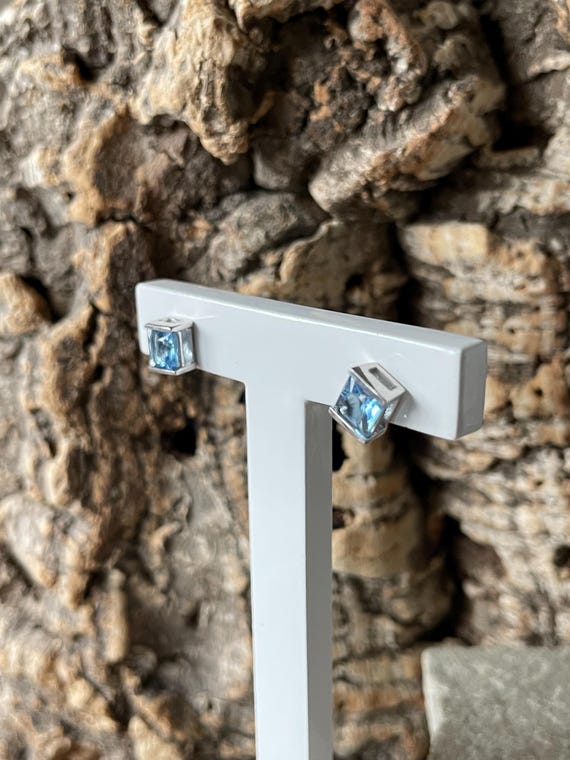 Classic Rectangular Blue Topaz Stud Earrings In 9… - image 2