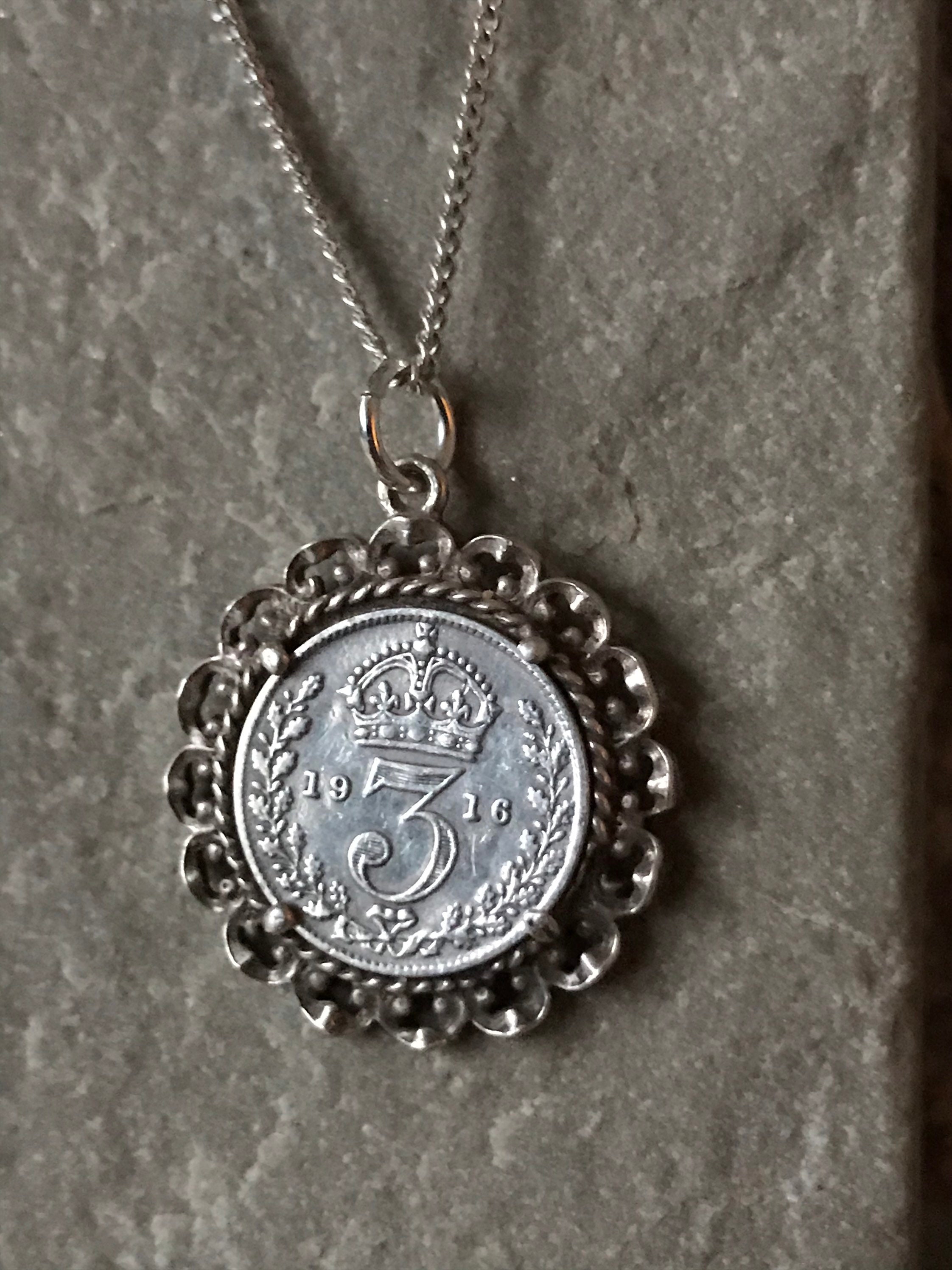 1916 年 3d 銀貨、銀製マウントとチェーン付き SKU3696 - Etsy 日本