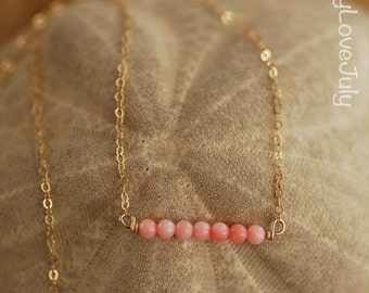 Bar necklace, gemstone necklace, pink coral bar necklace, gold bar necklace, dainty necklace, simple necklace, pink necklace, gift under 25.