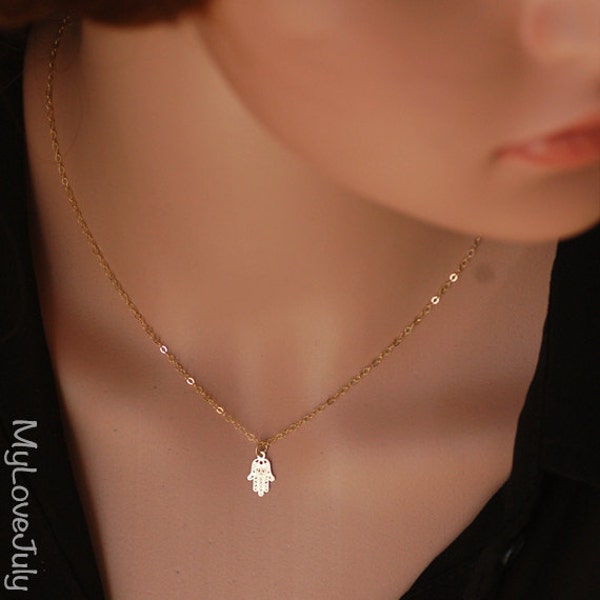 Collana in oro, mano di Fatima, collana Hamsa, oro extra piccolo, collana contro il malocchio, mano di Hamsa, portafortuna, gioielli ebraici, regalo sotto i 50