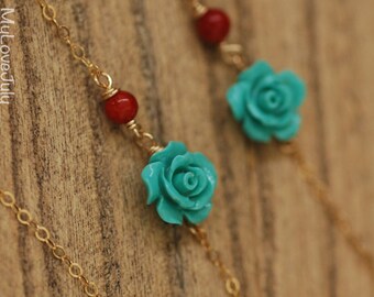 Turquoise Necklace - Turquoise rose gold silver Necklace - red coral necklace- coral necklace- Dainty Necklace - Mothers Day Gift