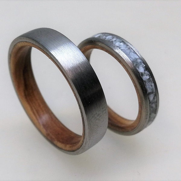 Titanium Wedding Band Set, Olive Wood & Crushed Shell Wedding Rings with Brashed Finish , Mens Wedding Band, Womens Ring, Engagement Ring