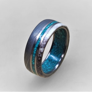 Damascus Steel Wedding Band: Titanium Ring with Turquoise and Antler Inlay