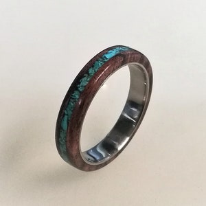 Titanium Ring with King Wood with Turquoise Inlay, Titanium Wedding Band, Wooden Ring, Engagement Ring, Wooden Band, Womens Ring