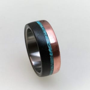 Unique Titanium Ring with Ebony Wood and Copper with Turuoise inlay, Wood Ring, Mens Titanium Wedding Band, Womens Ring, Engagement Ring