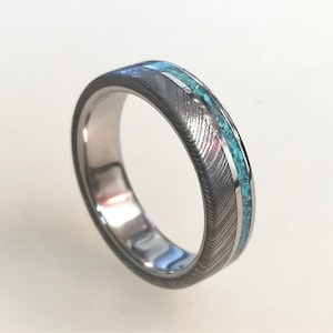 Damascus Steel Wedding Band: Titanium Ring with Turquoise Inlay