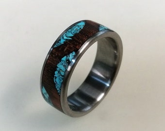 Titanium Ring with Cocobolo Wood and Turquoise Inlays, Turquoise Ring, Wooden Ring, Wedding Band, Womens Ring, Men Engagement Ring