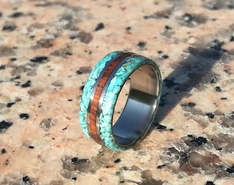 Titanium Wedding Band with Snake Wood and Turquoise Inlay, Wooden Ring, Wood Ring, Turquoise Ring, Mens Engagement Ring, Womens Ring