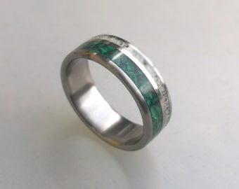 Titanium Ring with Malachite and Deer Antler Inlay, Antler Wedding Band, Mens Band, Bone Ring, Womens Ring