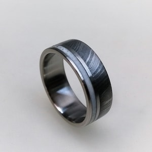Damascus Steel Wedding Band: Titanium Ring with Deer Antler Inlay