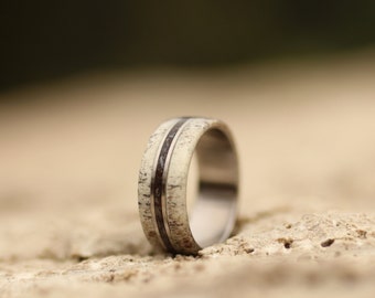 Titanium Wedding Band with Deer Antler and Dinosaur Fossil Inlay, Antler Ring, Fossil Ring, Mens Engagement Ring, Womens Ring, Mens Band