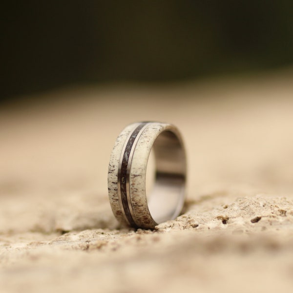 Titanium Wedding Band with Deer Antler and Dinosaur Fossil Inlay, Antler Ring, Fossil Ring, Mens Engagement Ring, Womens Ring, Mens Band