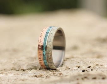 Titanium Wedding Band: Patina Copper, Turquoise & Deer Antler Inlay