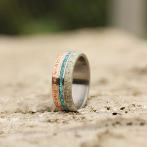Titanium Wedding Band with Patina Copper and Turquoise Inlays, Copper Ring, Mens Engagement Ring, Hunter Ring, Mens Ring, Turquoise Ring