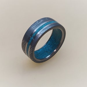Damascus Steel Wedding Ring: Titanium & Turquoise Inlay Mens Band