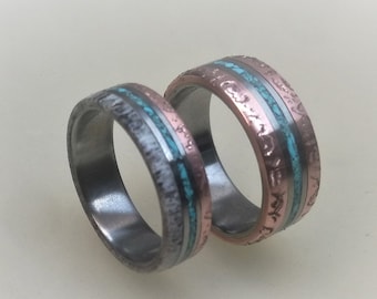 Titanium Wedding Set with Patina Copper, Deer Antler and Turquoise Inlays, Copper Ring, Mens Engagement Ring, Rustic Ring, Turquoise Ring