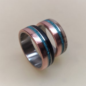 Titanium Wedding Set with Copper, Ebony Wood, Beech Wood and Turquoise Inlays, Polished Copper Ring, Mens Engagement Ring, Turquoise Ring