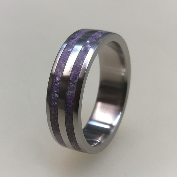 Titanium Ring with Crushed Amethyst Inlay, Purple Amethyst Ring, TitanRing, Mens Wedding Band, Womens Ring, Mens Ring