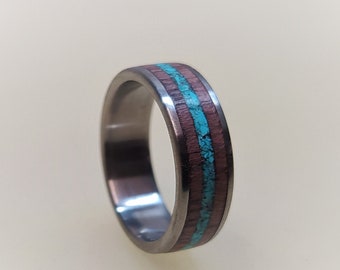 Titanium Wedding Band with Purple Heart Wood and Turquoise Inlay, Wooden Ring, Wood Ring, Turquoise Ring, Mens Engagement Ring, Womens Ring