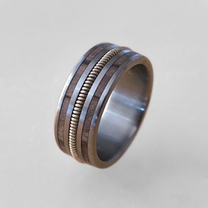 Handmade Titanium Ring with Guitar String and Olive Wood - Music Lover&#39;s Gift - Wedding Ring