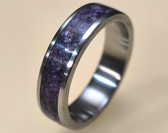Titanium Wedding Ring With Crushed Purple Amethyst Inlay, Simple Designed Engagement with your Birthstone