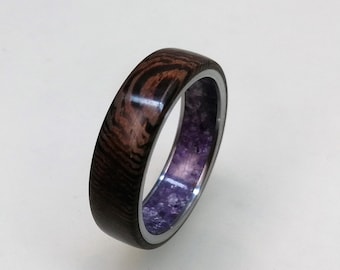 Titanium Wedding Band with King Wood and Amethyst Inlay, Wooden Ring, Wood Ring, Amethyst Ring, Mens Engagement Ring, Womens Ring