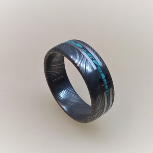 Damascus Wedding Band with Titanium and Turquoise Inlay, Damascus Steel Ring, Mens Ring, Womens Band, Damascus Engagement Ring, bushcraft