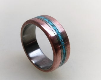 Titanium Wedding Band with Copper and Turquoise Inlays, Copper Ring, Mens Engagement Ring, Mens Ring, Womens Ring, Turquoise Ring,Promise