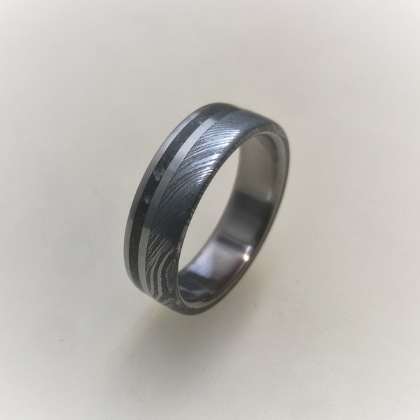 Damascus Wedding Band, Damascus Steel Ring, Mens Wedding Band, Titanium Ring with Damascus and Black Obsidian Inlay, Engagement, Womens Ring