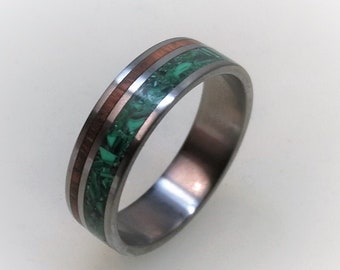 Titanium Ring with Malachite and Snake Wood Inlay, Wooden Wedding Band, Mens Band, Engagement Ring, Womens Ring, Nature Ring