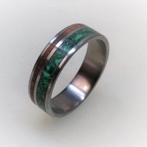Titanium Ring: Malachite & Snake Wood Inlay, Wooden Wedding Band