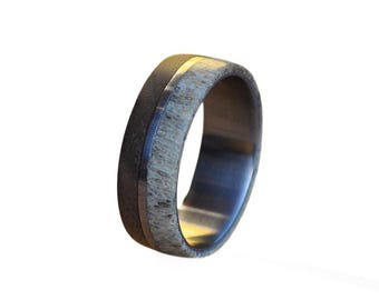 Deer Antler Ring: Walnut Wood Inlay, Stainless Steel Band